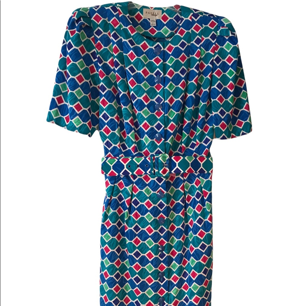Size 10: Vintage Papell Boutique Women’s 1980’s Diamond Patterned Dress & Belt
